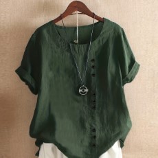 Plus Size Solid Button Decor Short Sleeve T shirt Womens Plus Casual Round Neck Tee